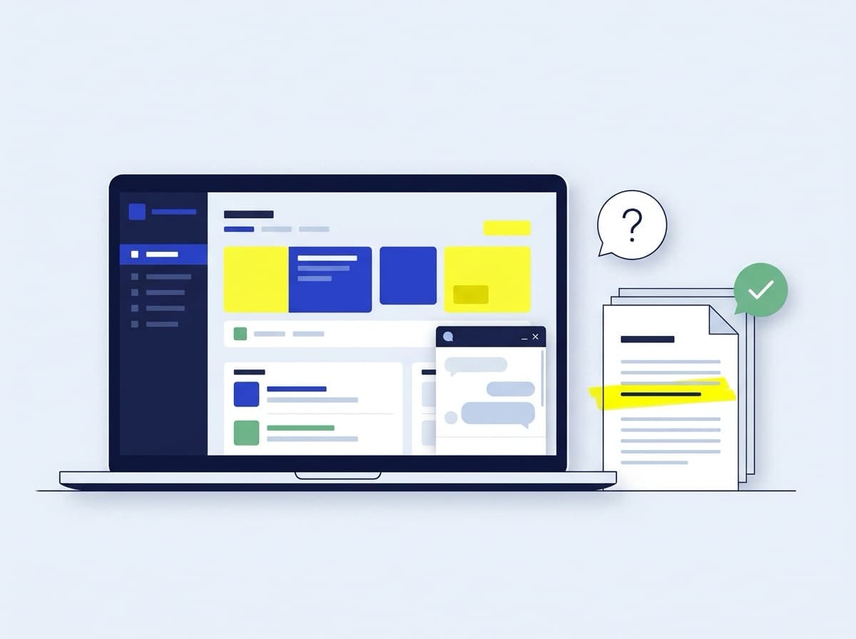 A laptop with a web app and an open chat widget, next to help articles with one line highlighted