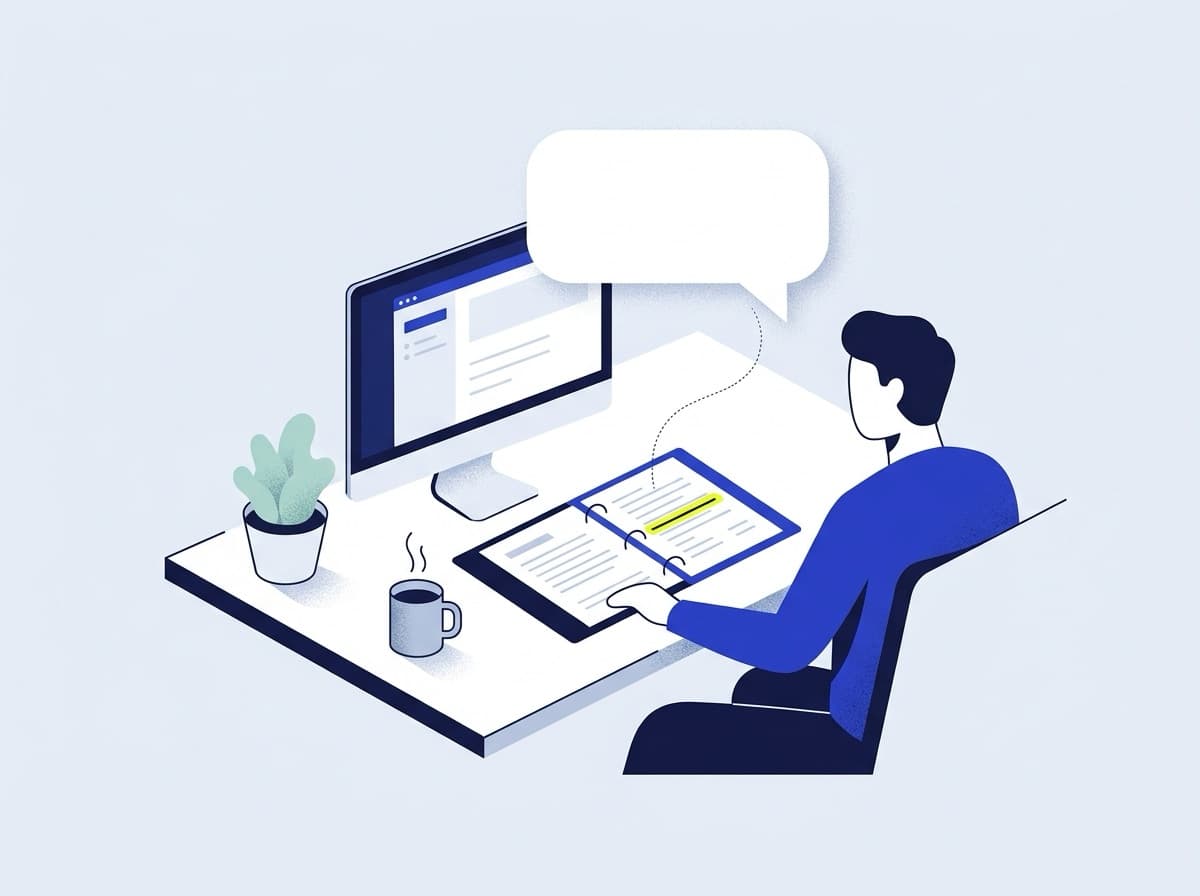 An employee at a desk with an open policy binder, and a chat bubble linked to a highlighted line in it